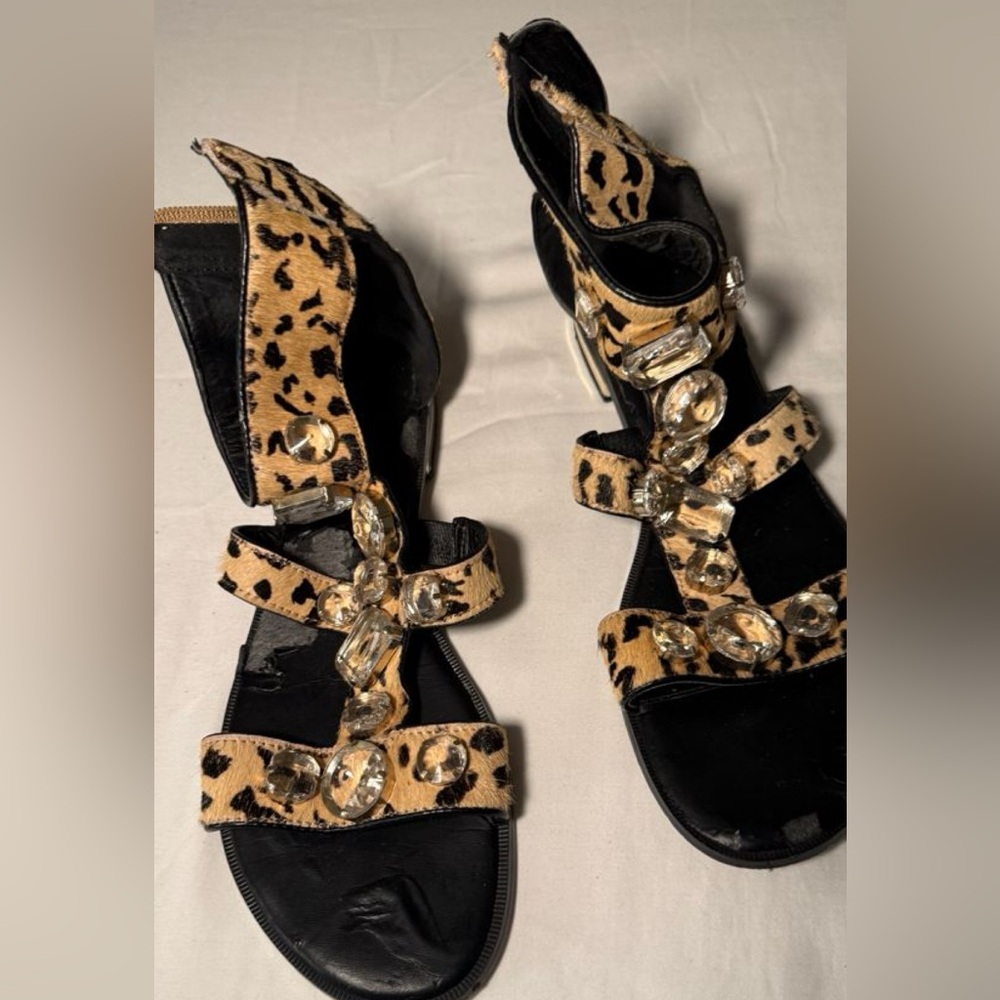 Leopard Print Jeweled Strappy Sandals - Women